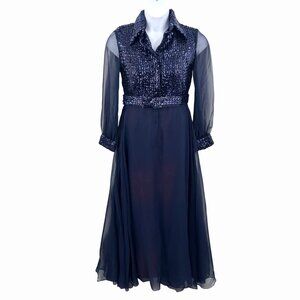 VINTAGE RONA NEW YORK BLUE SEQUIN CHIFFON FORMAL HOLIDAY DRESS - 14